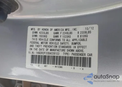 2013 Honda Accord Lx z USA, uszkodzony, nr VIN 1HGCR2F33DA039103